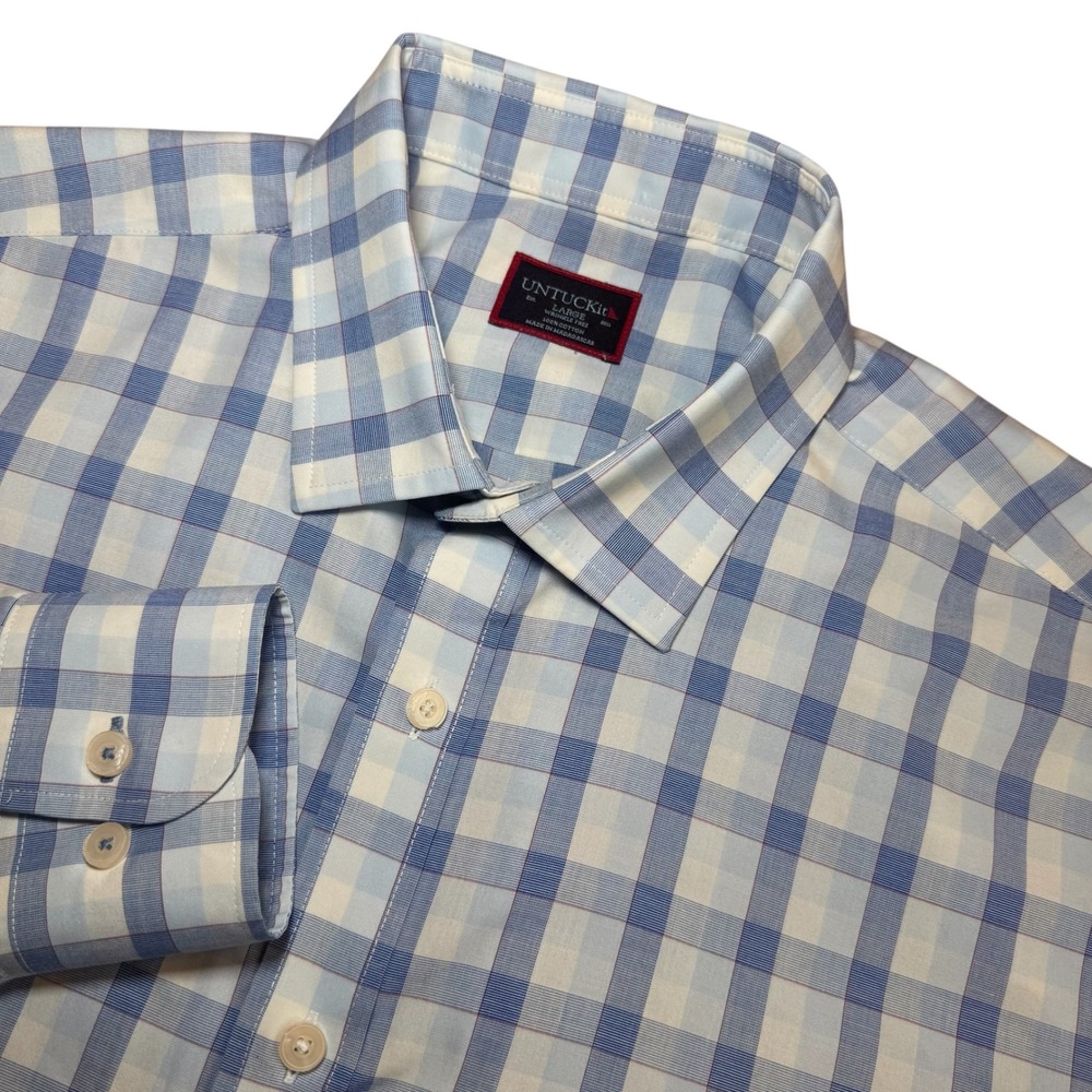 UNTUCKit Guilan Mens L Blue Plaid Wrinkle Free Cotton Shirt Long Sleeve Casual
